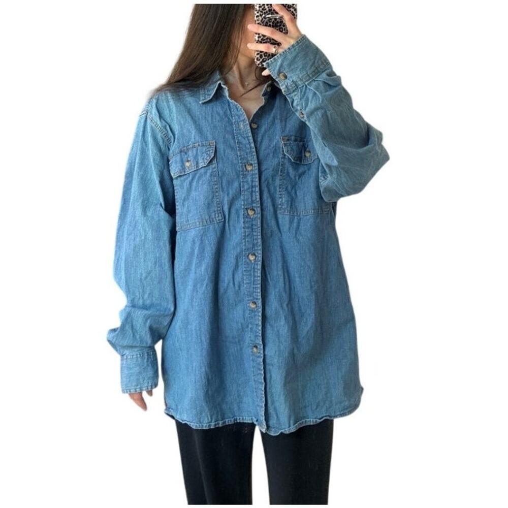 Wrangler Blue Western Denim Long-sleeve Button-up Work Shirt Size L